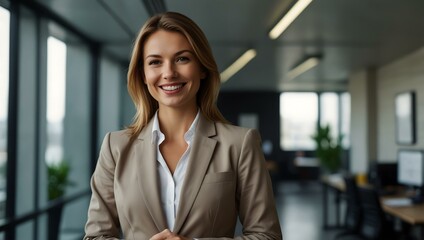 Fototapeta premium Confident businesswoman smiling in a modern office.