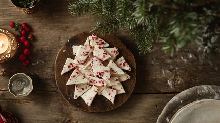 Pieces of peppermint bark candy arranged around a small Christmas tree centerpiece on a rustic table