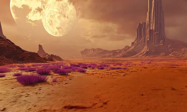 Alien desert landscape with towering rock formations under large moon and vibrant sunset sky
