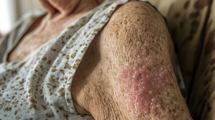 Skin condition visible on elderly person's arm during afternoon