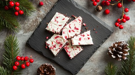 Rustic setup with peppermint bark candy on a slate serving tray, accented with red berries and evergreen sprigs