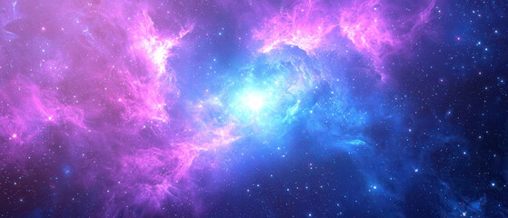 Naklejka premium stunning cosmic scene featuring vibrant purple and blue nebulae, with bright stars scattered throughout galaxy, creating mesmerizing celestial view