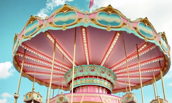 Vintage pink carnival carousel under blue sky with clouds