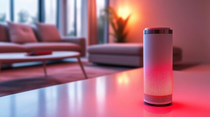 Modern Smart Speaker with Colorful LED Light in Contemporary Living Room Setting Showcasing Stylish Home Automation Device for Music and Voice Control