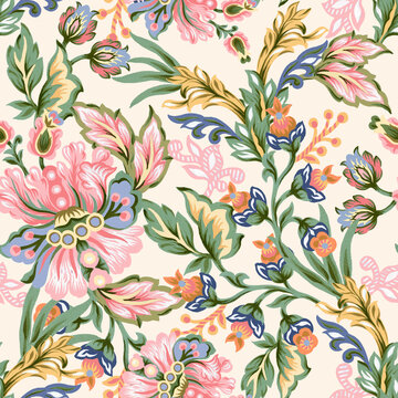 Beautiful chintz damask jacobean paisley watercolor design botanical seamless patterns