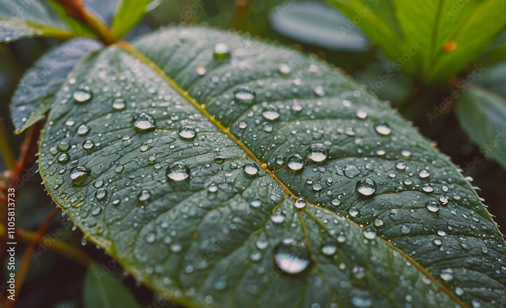 Poster leaf with water droplets on it. the droplets are small and scattered. the leaf is green and has a st
