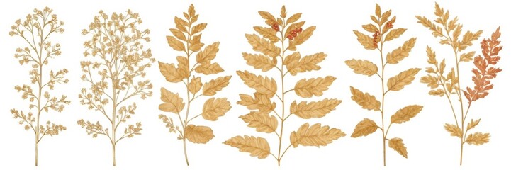 a series of five botanical illustrations of different types of plants or leaves. Each illustration features a distinct plant with varying shapes and arrangements of leaves