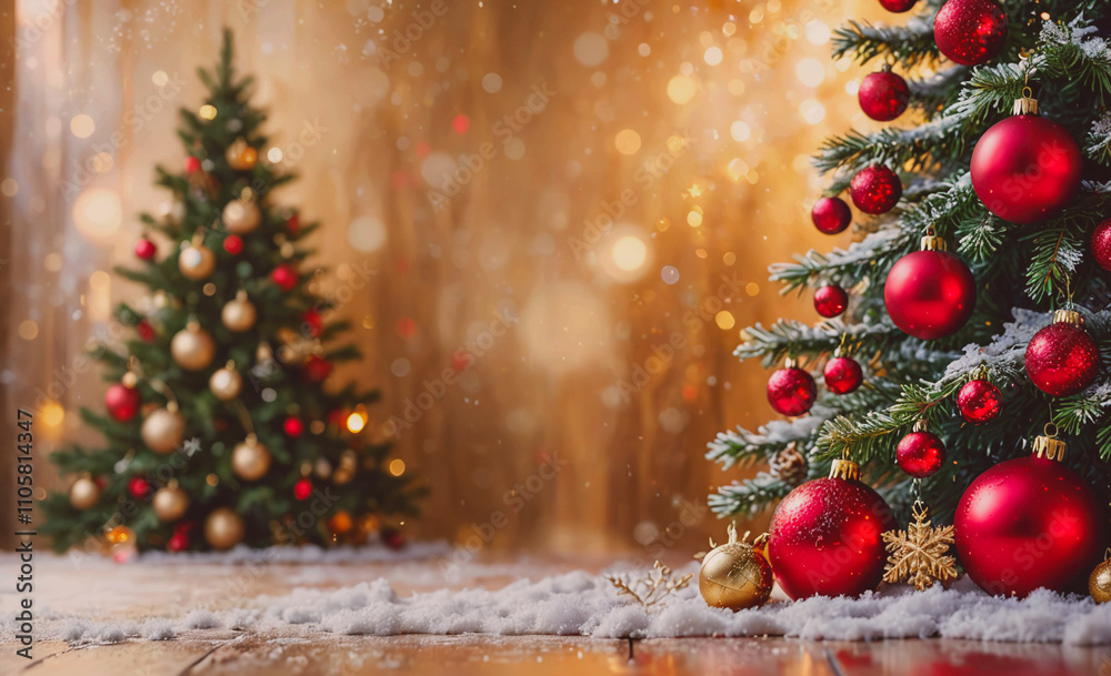 Poster red and gold christmas tree with many red and gold ornaments. there are two trees, one on the left a