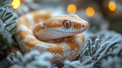 Fototapeta premium Albino Python in Snowy Holiday Setting. Generative AI