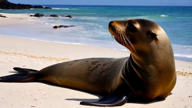 Animal wildlife nature photographer tourist photographing Galapagos Sea Lion in sand lying on beach on Gardner Bay Beach, Espanola Island, Galapagos Islands, Ecuador, South America