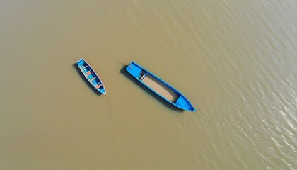 Top-down view of a boat and serene river scenery.