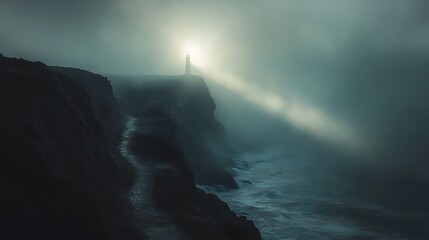 Lonely Lighthouse on a Foggy Coastal Cliff