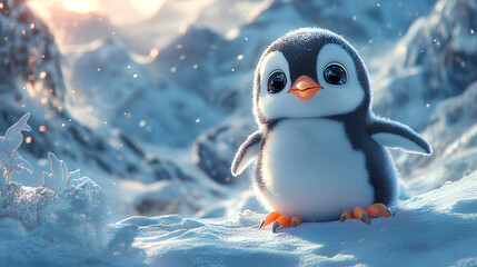 A cute, fluffy penguin stands in a snowy landscape, capturing a whimsical winter scene.