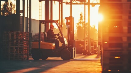 Forklift Operator Working at Warehouse During Sunset, Loading Pallets in Industrial Environment, Heavy Machinery in Action, Logistics and Transportation Sector