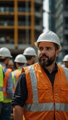 Construction worker in an orange safety vest, surrounded by a busy environment.