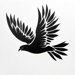Fototapeta premium A striking black silhouette of a bird in flight, showcasing detailed wings and an intense gaze.
