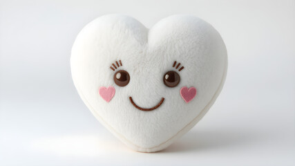 A heart-shaped plush toy with embroidered eyes and a smile, isolated on white