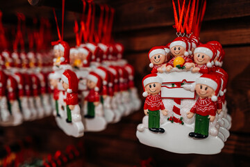 Cute cartoon festive Christmas souvenirs at the market, various surprises and gifts for the winter New Year holidays