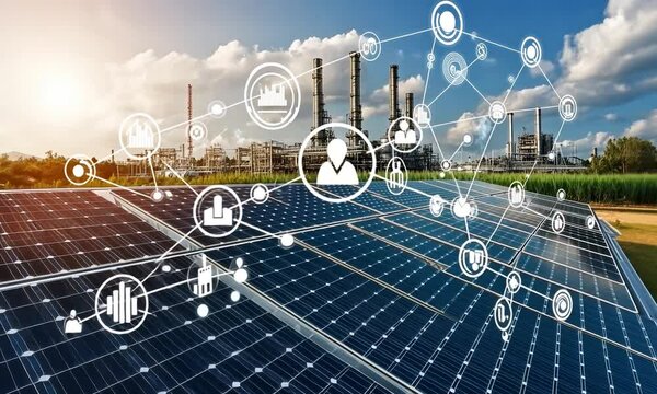 Solar panels capture sunlight while data networks optimize energy usage in an urban environment during the golden hour