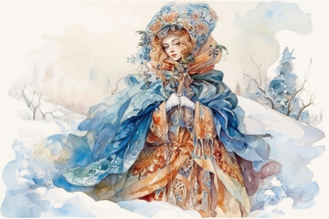 The illustration, in a watercolor style, depicts a young woman in full 19th-century winter attire.  