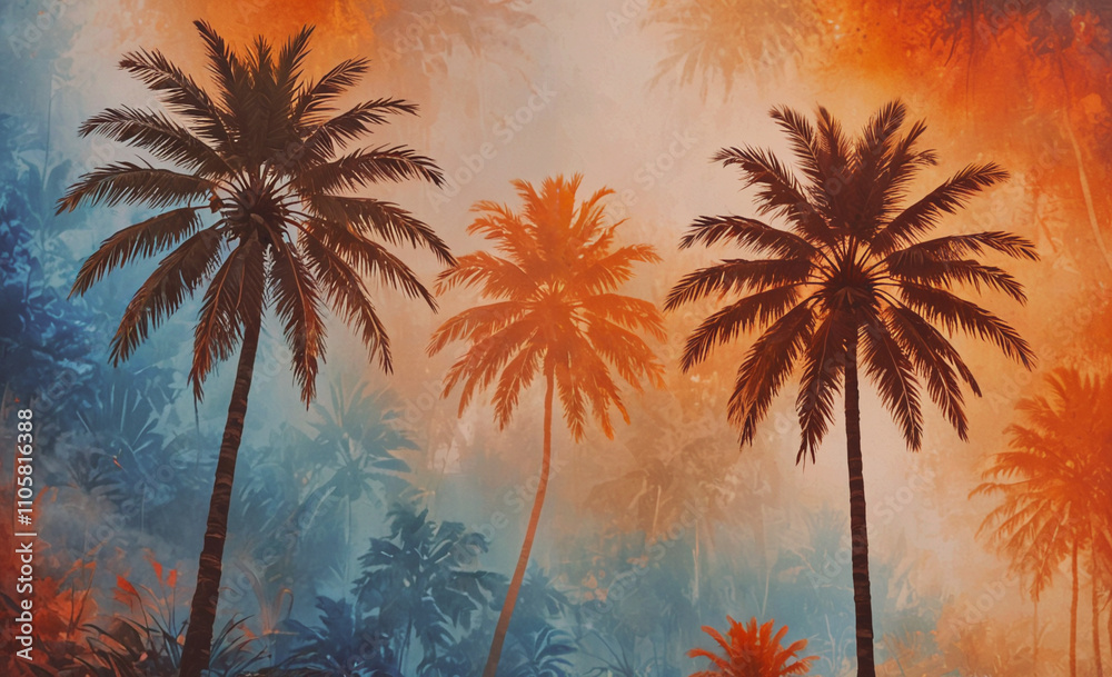 Poster three palm trees are in the foreground of a painting. the trees are in a tropical setting. the paint