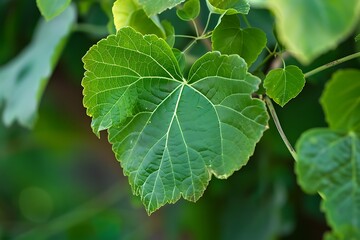 A close-up of the heart-shaped, velvety leaves of a red mulberry tree, with a vibrant green color and a finely toothed edge