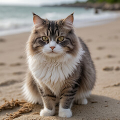 Obraz premium Majestic Longhair Cat on Sandy Beach by the Ocean, a Serene Coastal Portrait