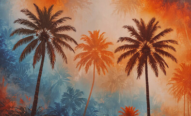 Three palm trees are in the foreground of a painting. The trees are in a tropical setting. The painting is a mix of blue, orange, and green colors