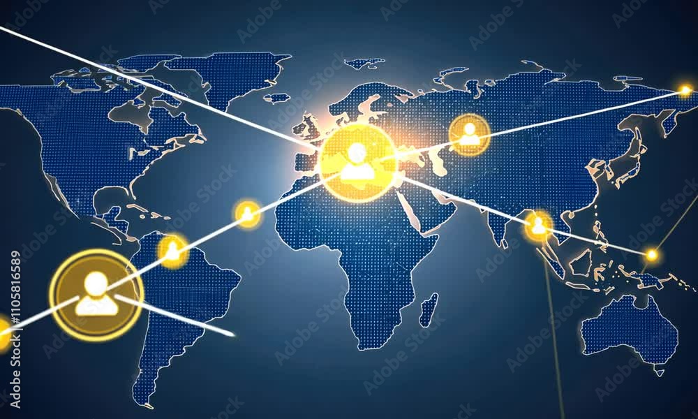 Poster the visual representation highlights global connectivity, featuring a digital map with illuminated n