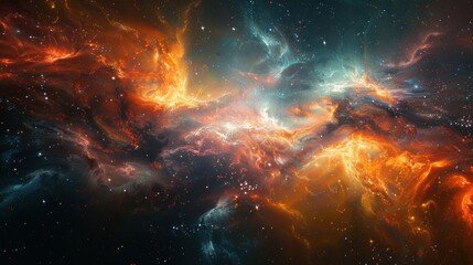 Fiery cosmic nebula with orange and blue hues.