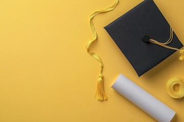Graduation cap and diploma on yellow background