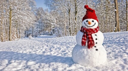 Obraz premium Friendly Snowman with Red Accessories in Serene Winter Forest