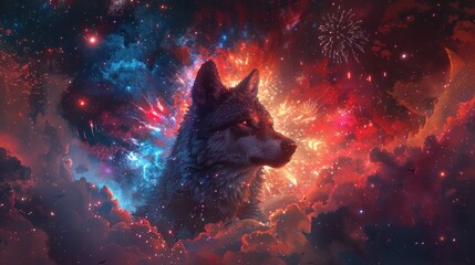 Fototapeta premium Cosmic wolf portrait in vibrant nebula.