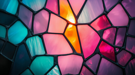 A stunning close up of colorful stained glass, showcasing an abstract mosaic of hues. The interplay of light creates a mesmerizing visual experience.