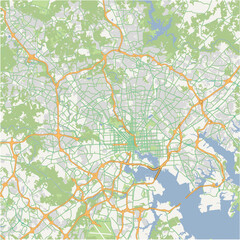 Map of Baltimore Metro in Maryland in a normal road map style. Contains layered vector with roads water, parks, etc.