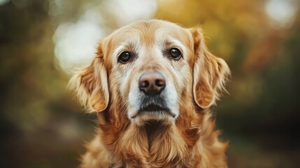 A close-up of a golden retriever with a thoughtful expression, surrounded by a warm, blurred natural background.