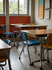 Contemporary student desks in a brightly lit classroom.