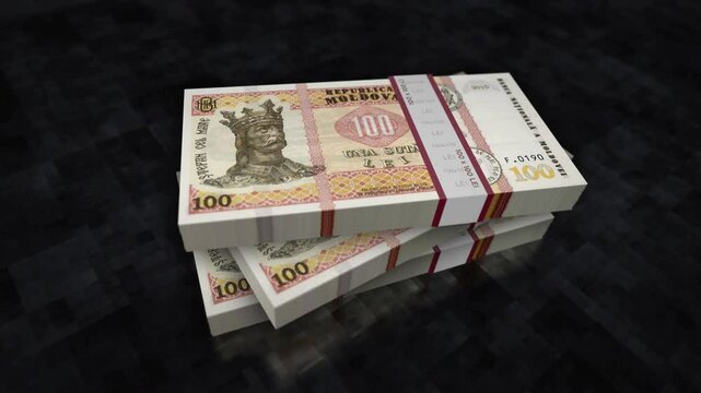 Moldova money Moldavian Lei pile pack. Concept background of economy, banking, business, crisis, recession, debt and finance. 100 MDL banknotes stacks 3d animation.