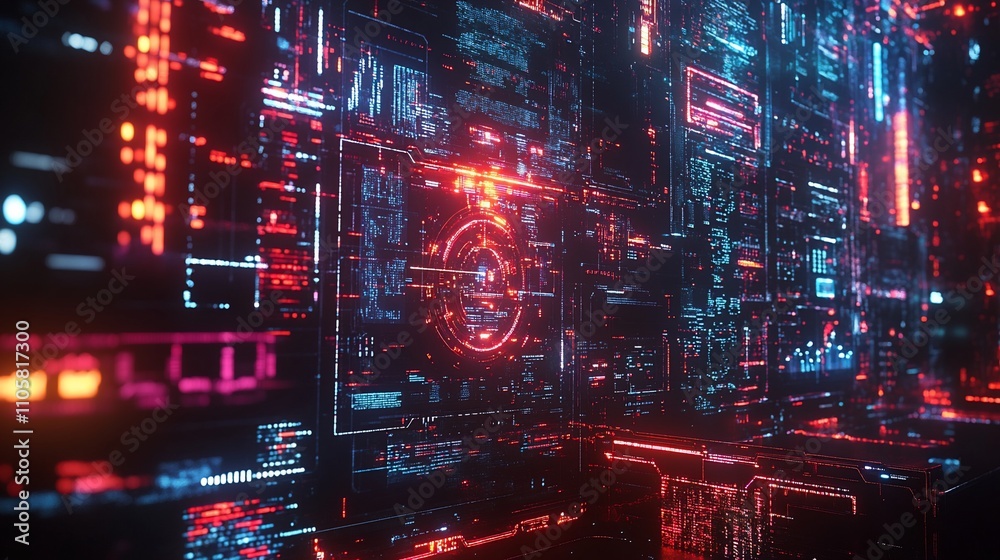 Poster abstract digital data stream with glowing red and blue hud elements.