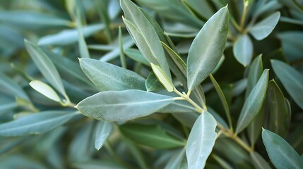 Obraz premium A close-up of the silvery-green leaves of an olive tree, with their narrow, elongated shape and fine texture
