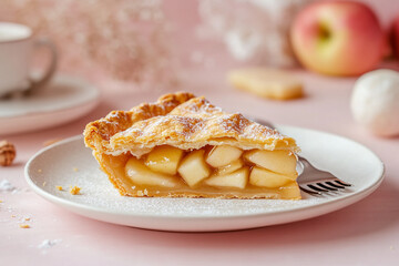 A slice of apple pie on an elegant white plate
