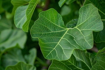 A close-up of the thick, oval leaves of a fig tree, with a rich green color and a slightly fuzzy texture