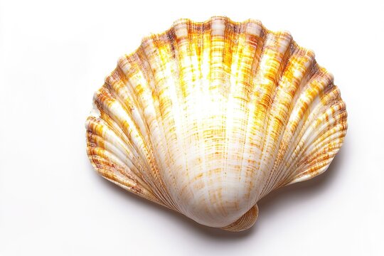 Bright scallop shell on white background with copy space