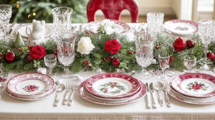 Elegant Holiday Table Setting with Fine China, Crystal Glassware, and Festive Decorations Featuring Red Roses and Christmas Elements