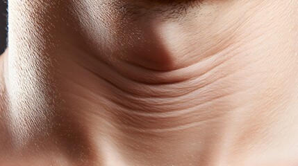 Fototapeta premium A soft-focus shot of a person’s neck with delicate skin folds, emphasizing the natural elasticity and tone of skin. The subtle texture and tone of the skin are well-lit, with enough space in 