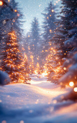 Peaceful winter landscape with gentle snowfall and snow covered pine and fir trees decorated with lights.