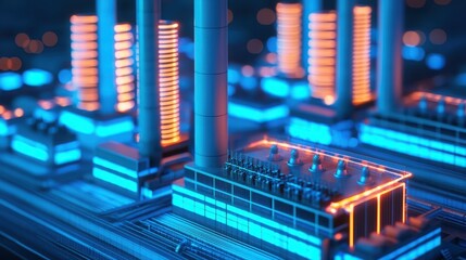 A vibrant, futuristic representation of industrial structures with glowing elements, showcasing a blend of technology and energy production.