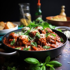 Fototapeta premium Delicious Italian Meatballs in Marinara Sauce with Basil and Parmesan