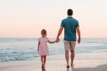 Father and daughter holding hands, walking along a peaceful beach at sunset, waves softly crashing in the background, Realism, Photography, Golden Hour