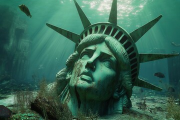 The head of a statue resembling liberty lies underwater with fish and aquatic plants surrounding it.